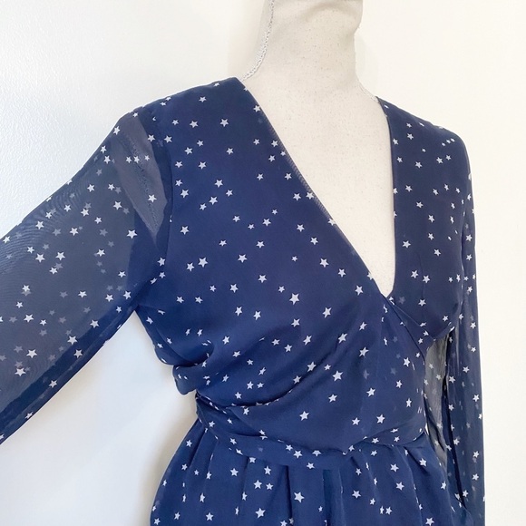 LIONESS NAVY WHITE STAR PRINT FRONT TIE LONG SLEEVE CHIFFON RUFFLE ROMPER - XS - Picture 5 of 11